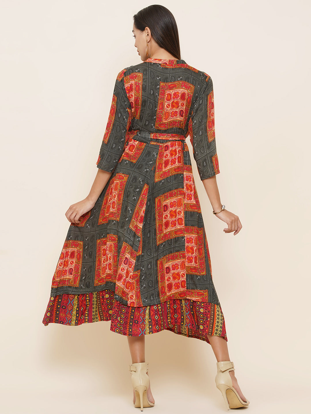Motifs Printed Dress - Grey & Orange
