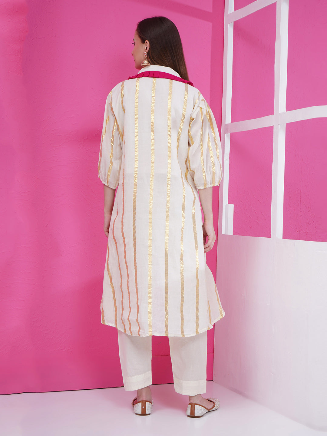 Asymmetrical Golden Stripes Kurti & Pant Set - Cream