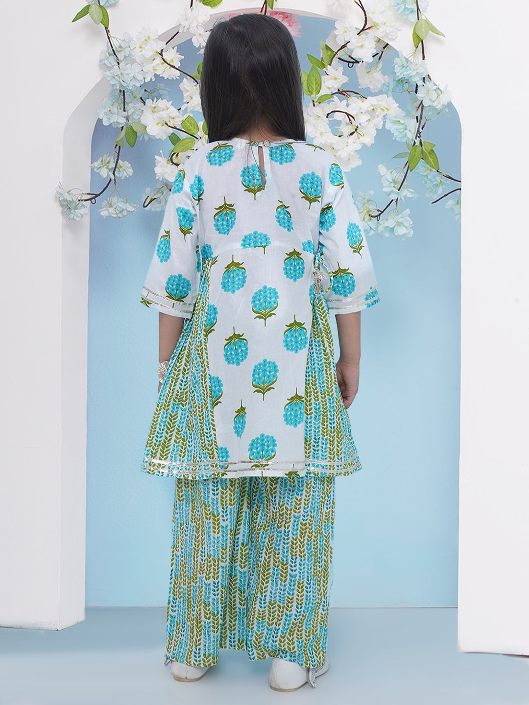 Girls Floral Printed Cotton A-line Kurti With Palazzo - Cyan