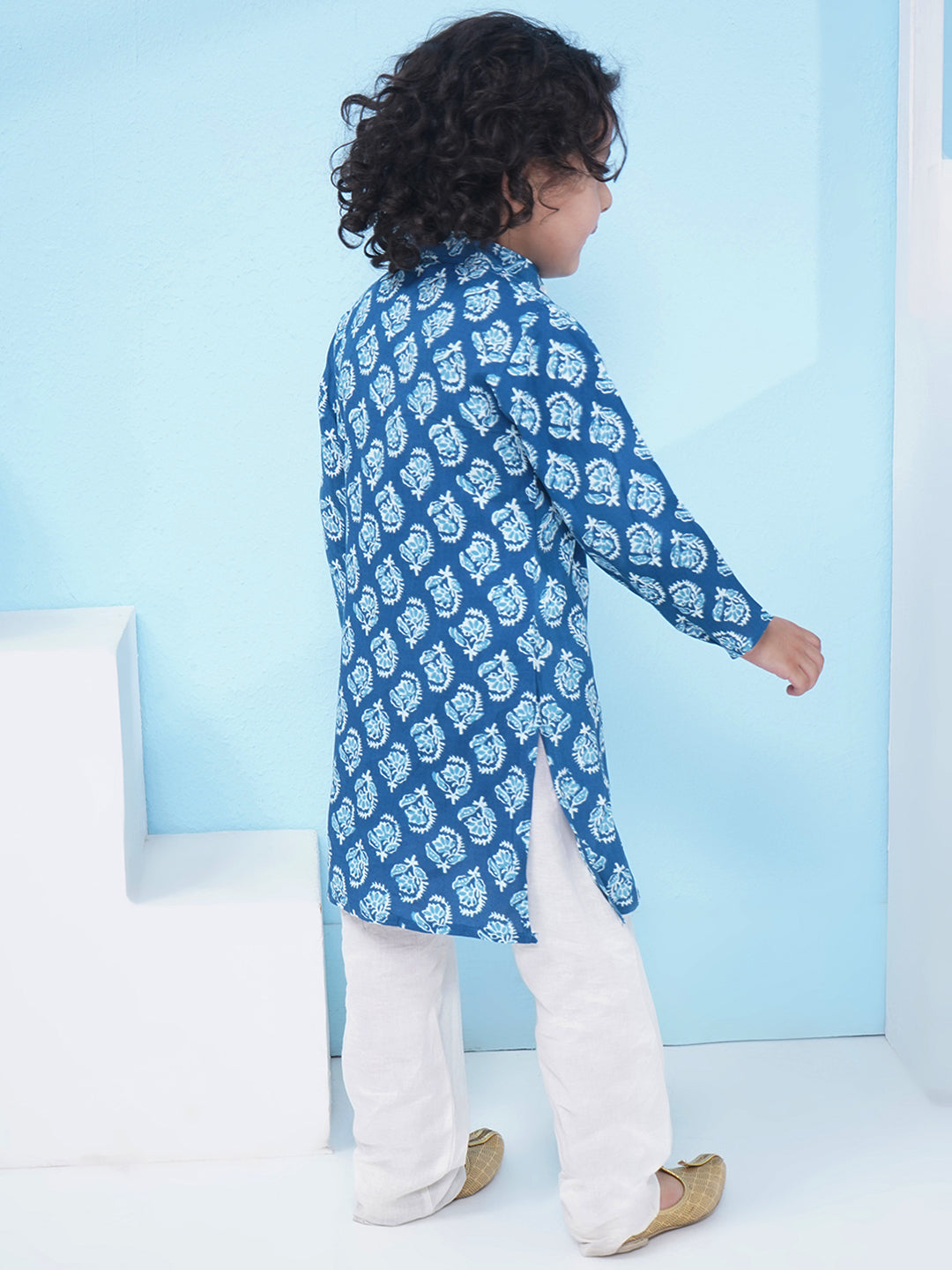 Boys Block Printed Cotton Kurta with Pajama - Blue