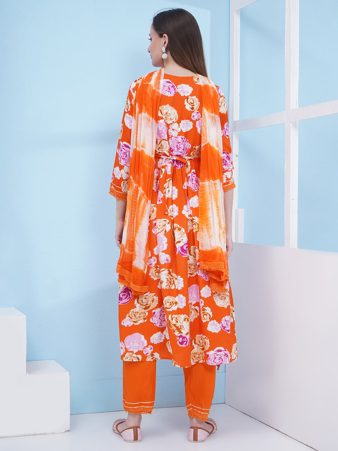 Nyra Cut Floral Print Suit Set - Orange