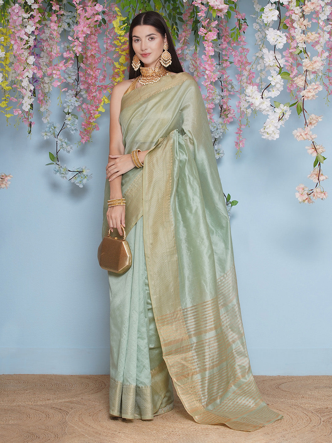 Tussar Silk Saree with Golden Zari Work - Mint Green
