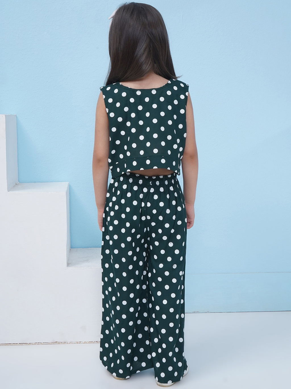 Girls Cotton Blend Polka Dot Co-Ord Set - Dark Green