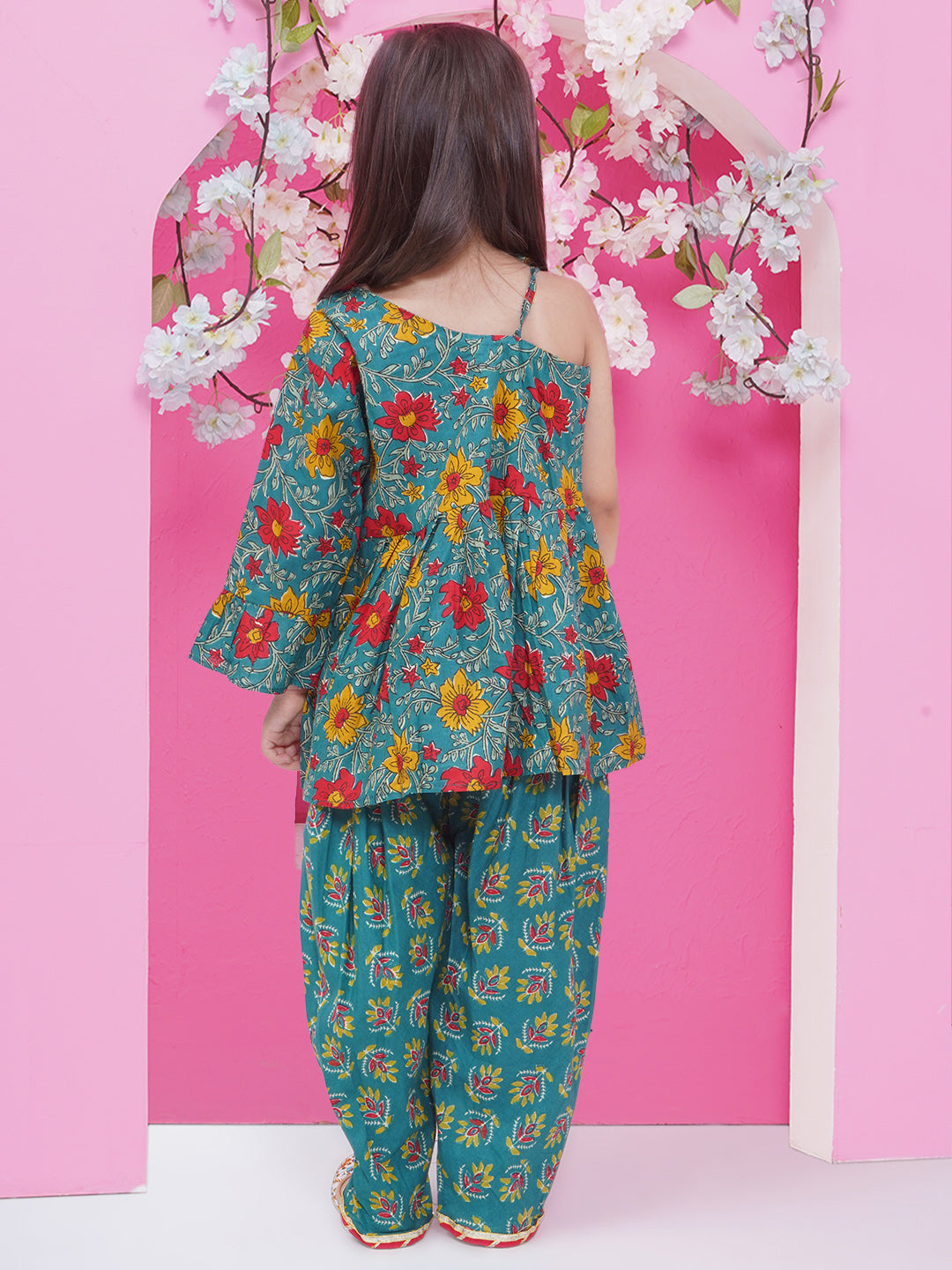 Girls Gota Patti Printed off shoulder Kurta with Dhoti Pant - Teal