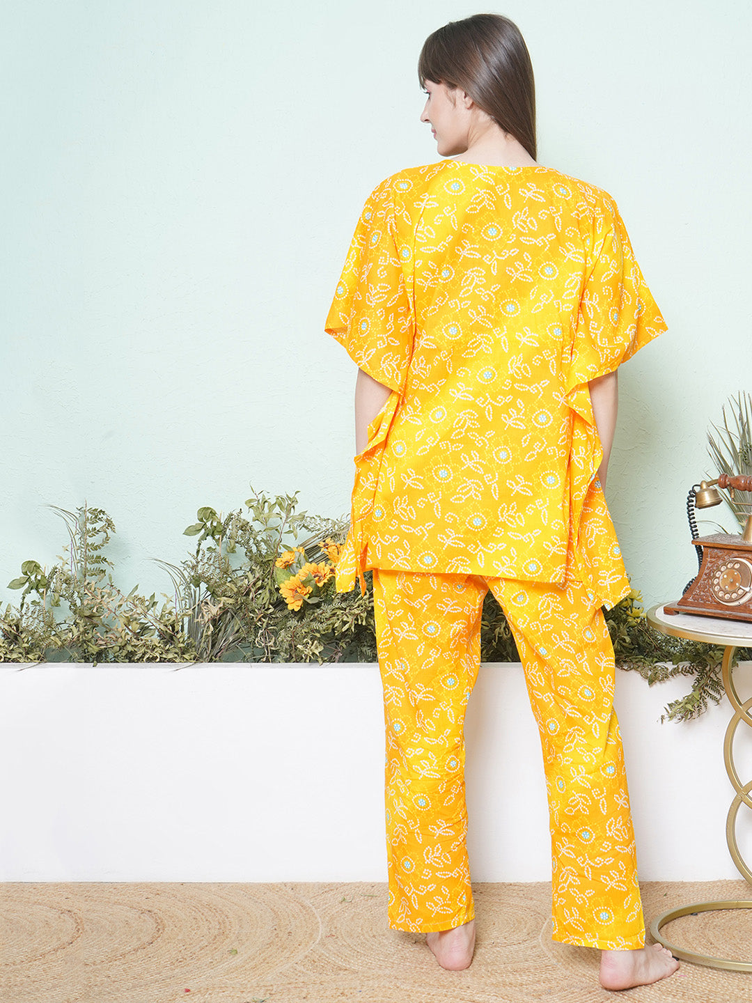 Printed Kaftan Lounge Wear - Yellow
