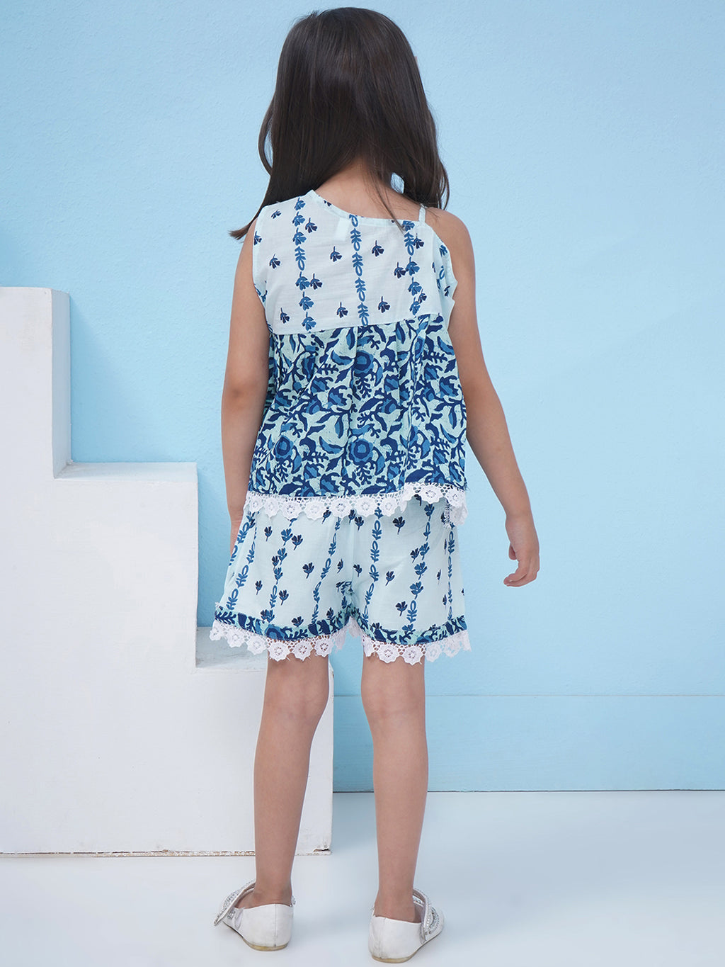 Girls Floral Printed Cotton Co-Ord Set - Blue