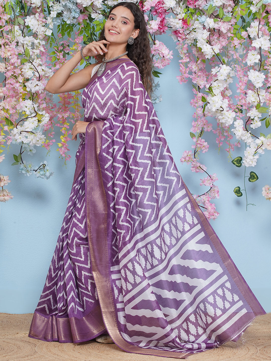 Cotton Silk Chevron Pattern Saree - Purple