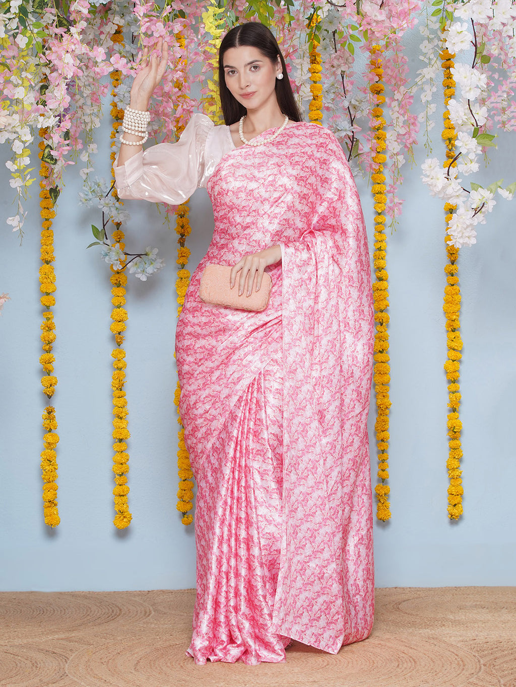 Floral Print Satin Silk Saree - Light Pink