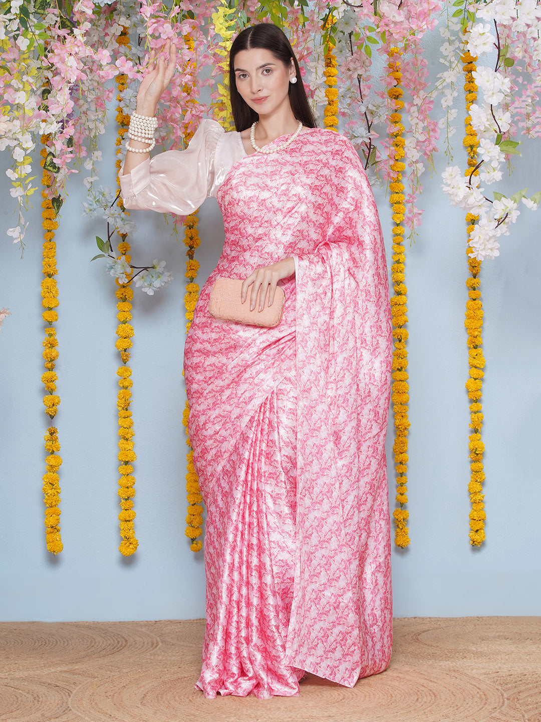 Floral Print Satin Silk Saree - Light Pink