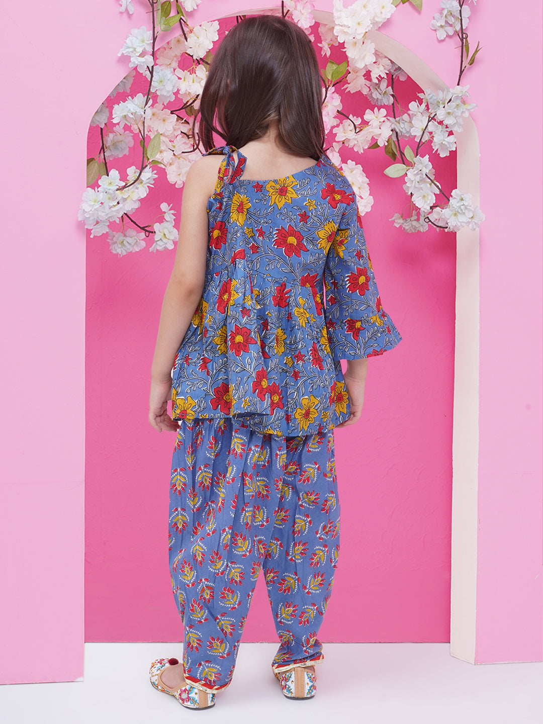 Girls Gotta Patti Printed off shoulder Kurti with Dhoti Pant - Purple