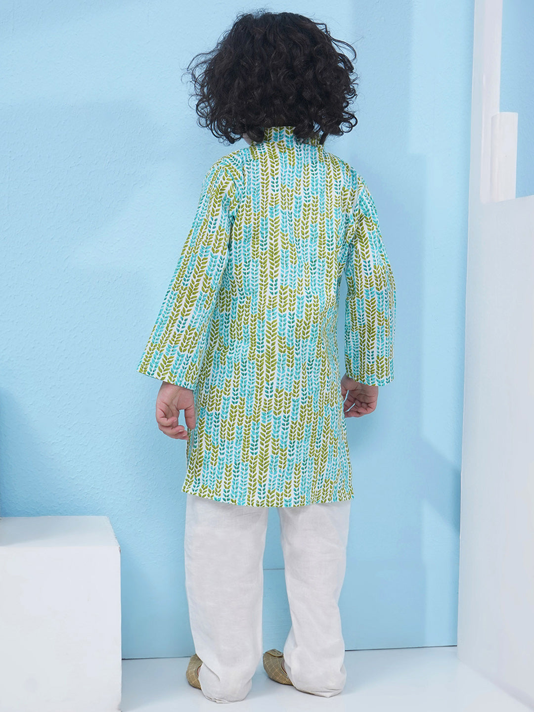 Boys Floral Printed Cotton Kurta with Pajama - Green & Aqua Blue