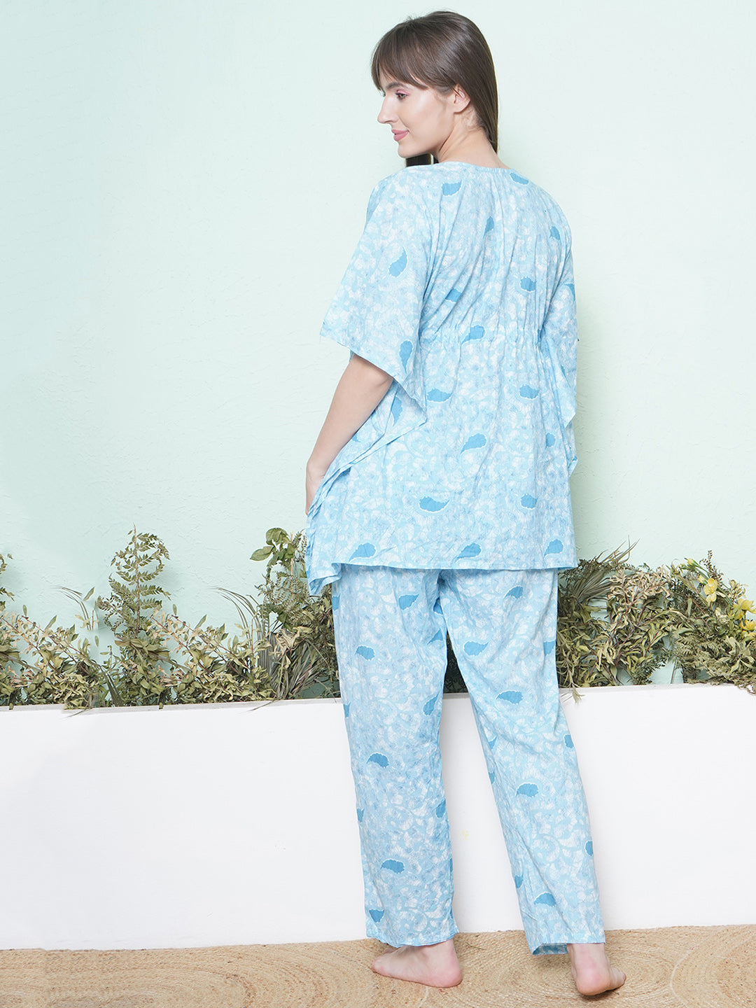 Printed Kaftan Lounge Wear - Light Blue