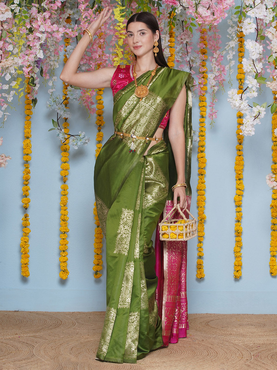 Silk Jacquard Zari Kanjeevaram Saree - Bottle Green & Magenta Pink