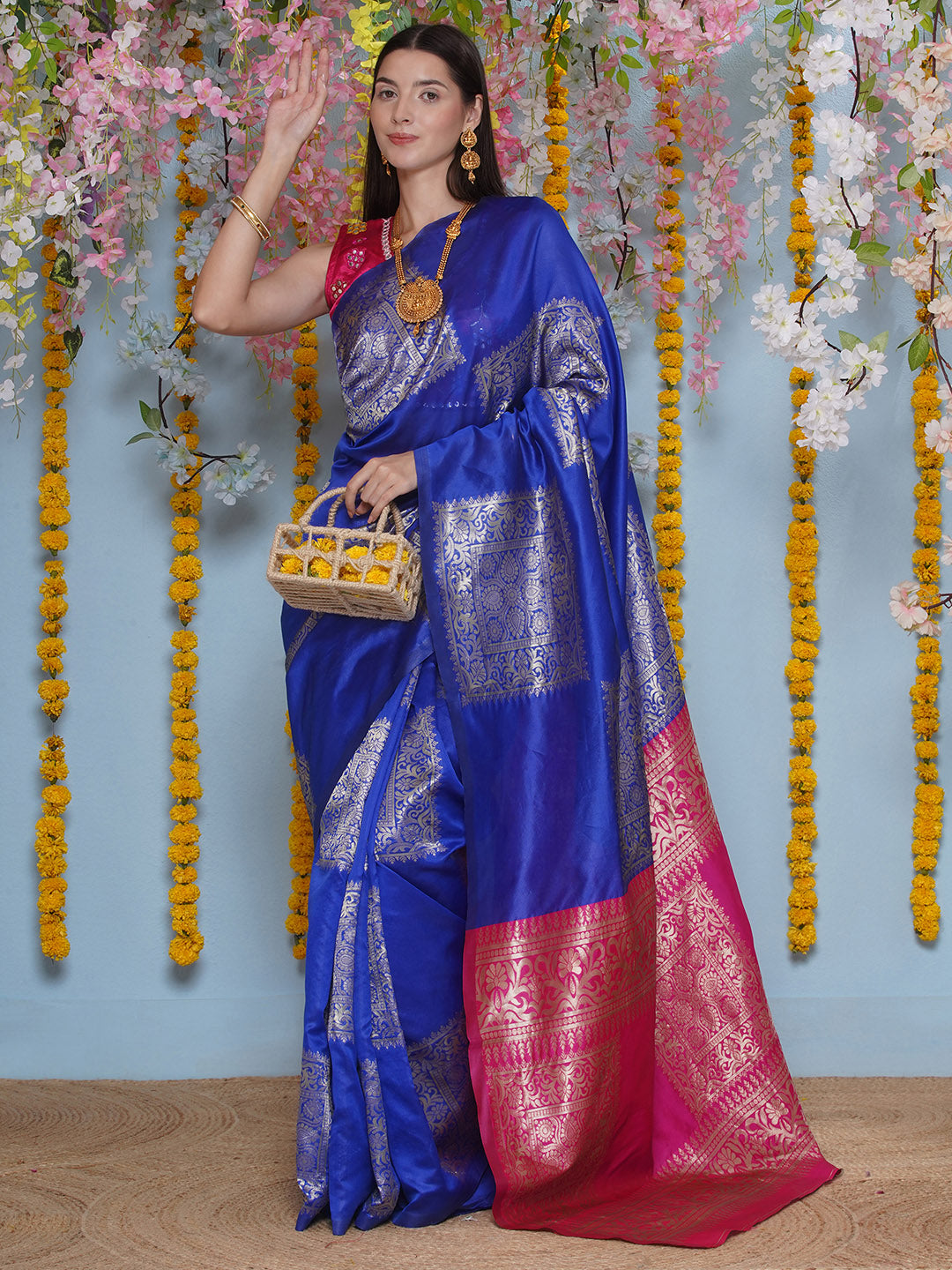 Silk Jacquard Zari Kanjeevaram Saree - Cobalt Blue & Magenta Pink