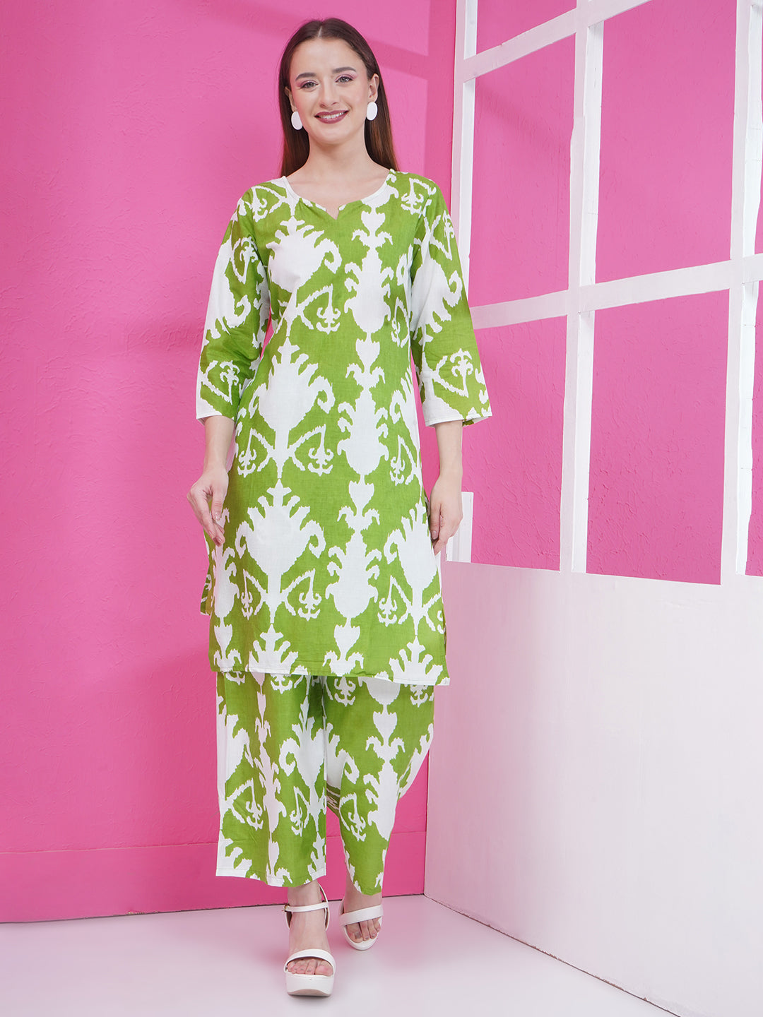 Motifs Printed Cotton Co-ord Set - Green