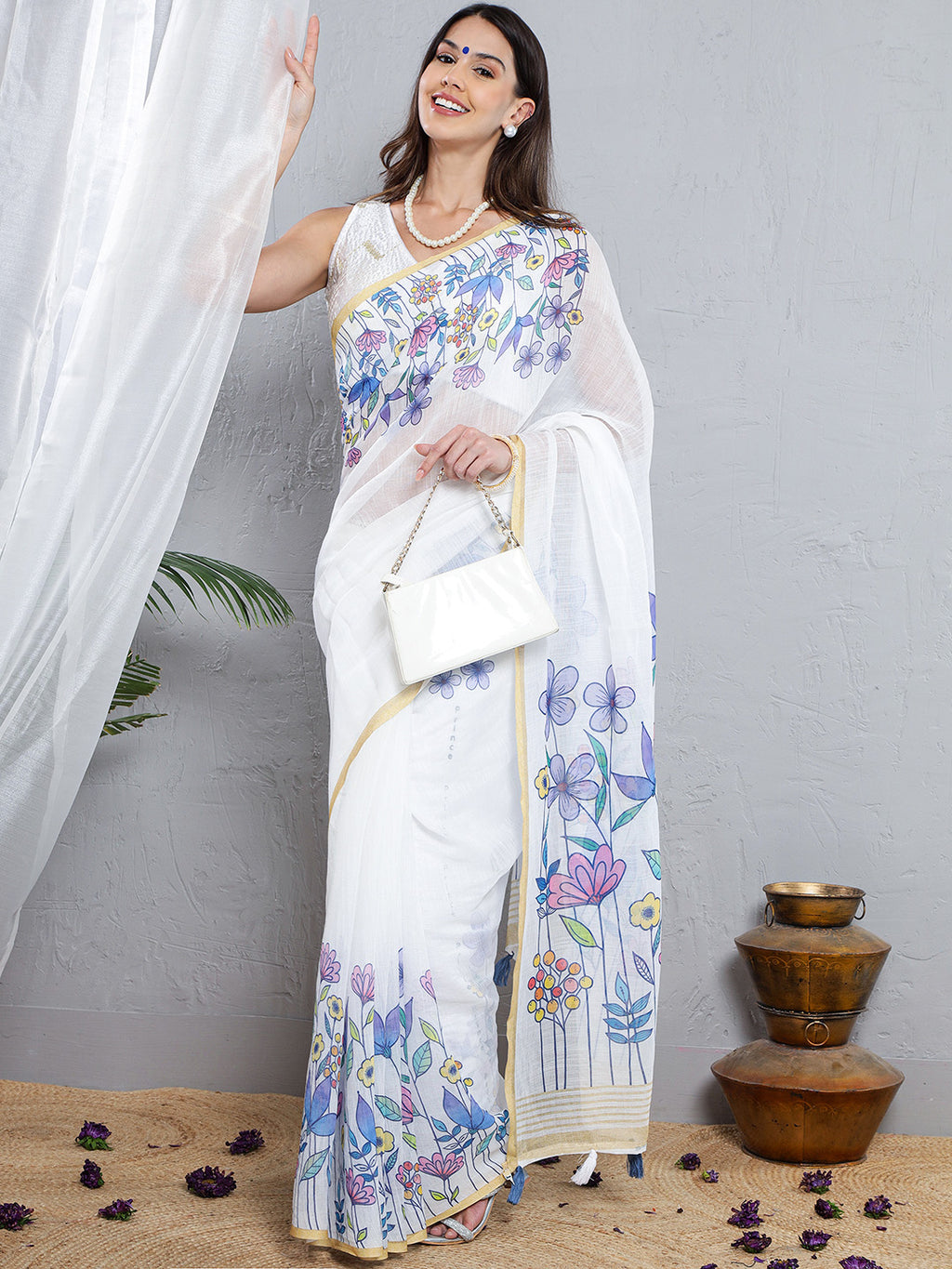 Floral Printed Soft Linen Saree - Blue