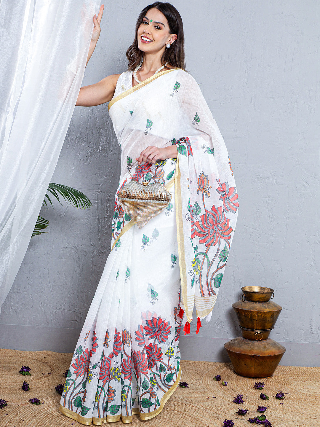 Floral Print Soft Linen Saree - Orange