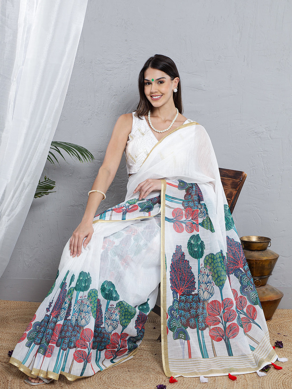 Printed Soft Linen Saree - Blue