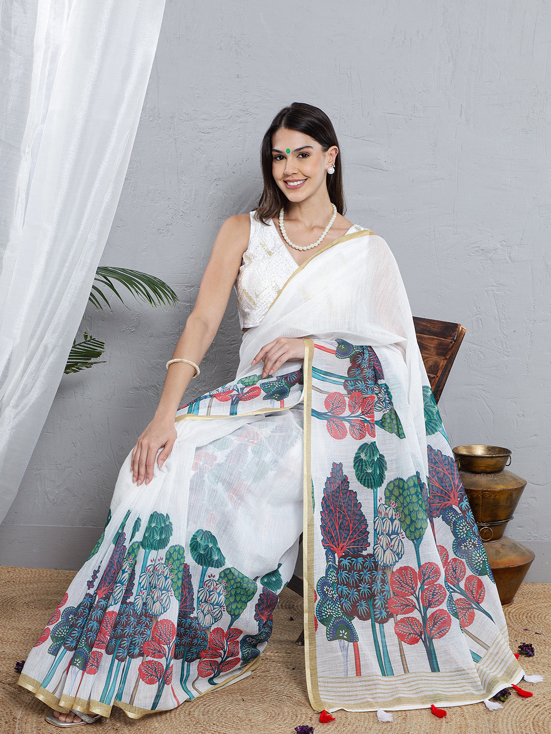 Printed Soft Linen Saree - Blue