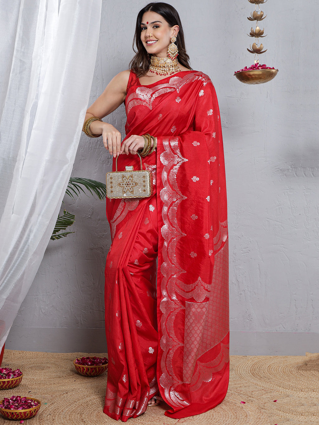 Banarasi Silk Mehrab Design Saree - Red