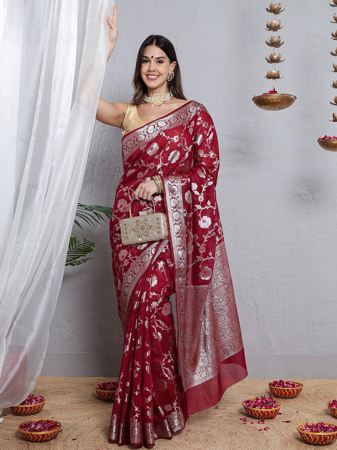 Banarasi Silk Meena Jaal Weave Saree - Maroon