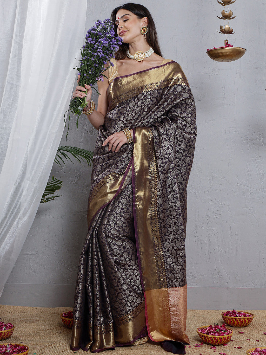 Banarasi Silk Heavy Jaal Weave Saree - Violet
