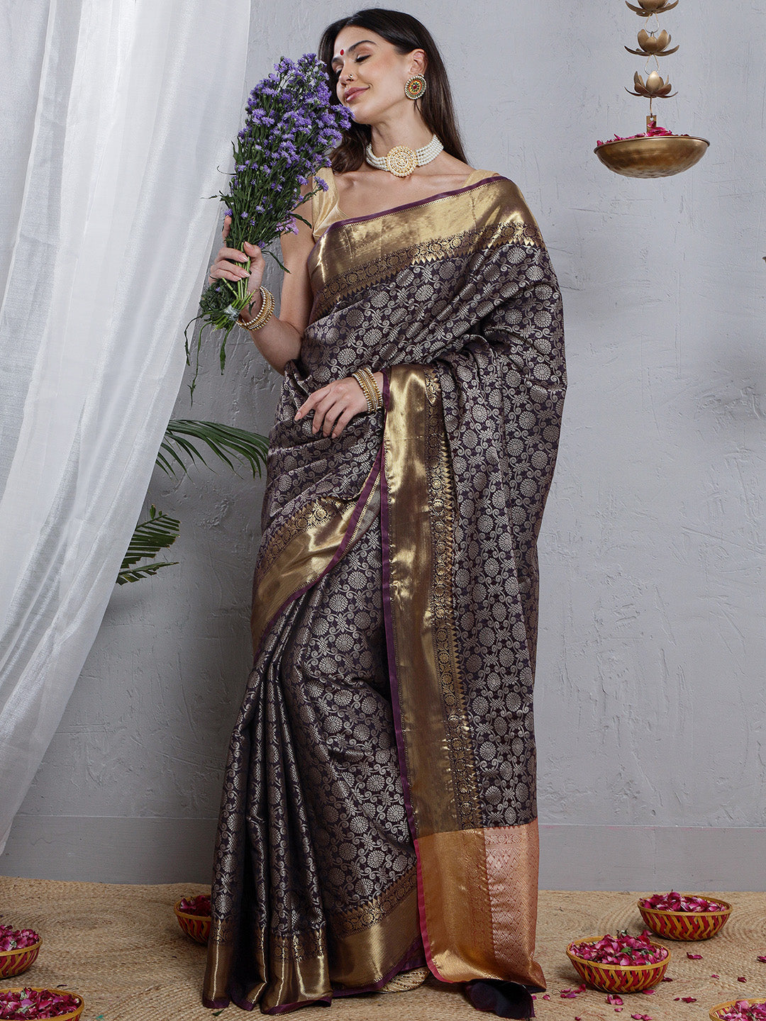 Banarasi Silk Heavy Jaal Weave Saree - Violet