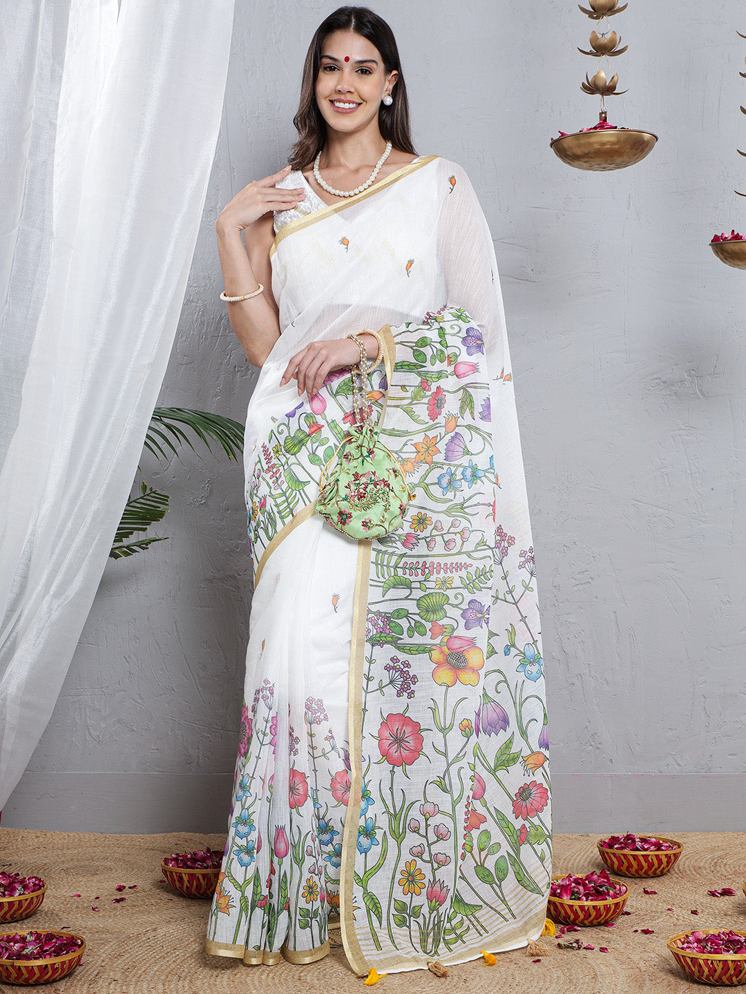 Floral Printed Soft Linen Saree - Multicolour
