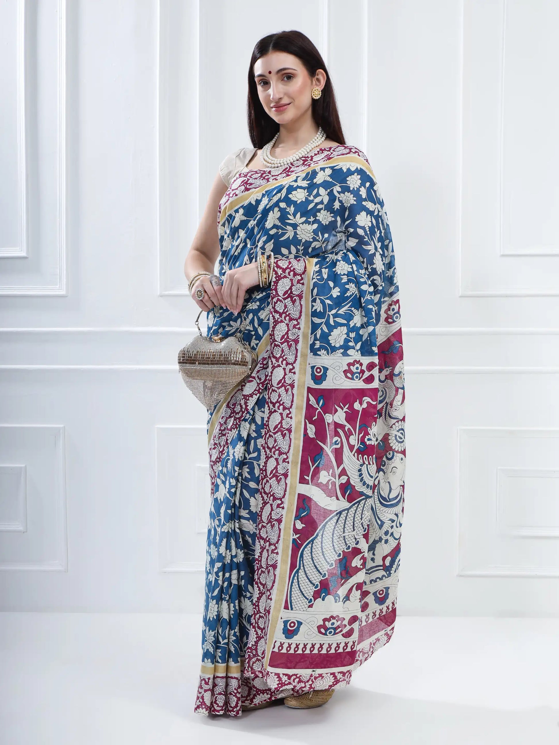 Ajrakh Print Cotton Saree - Sea Blue & Magenta