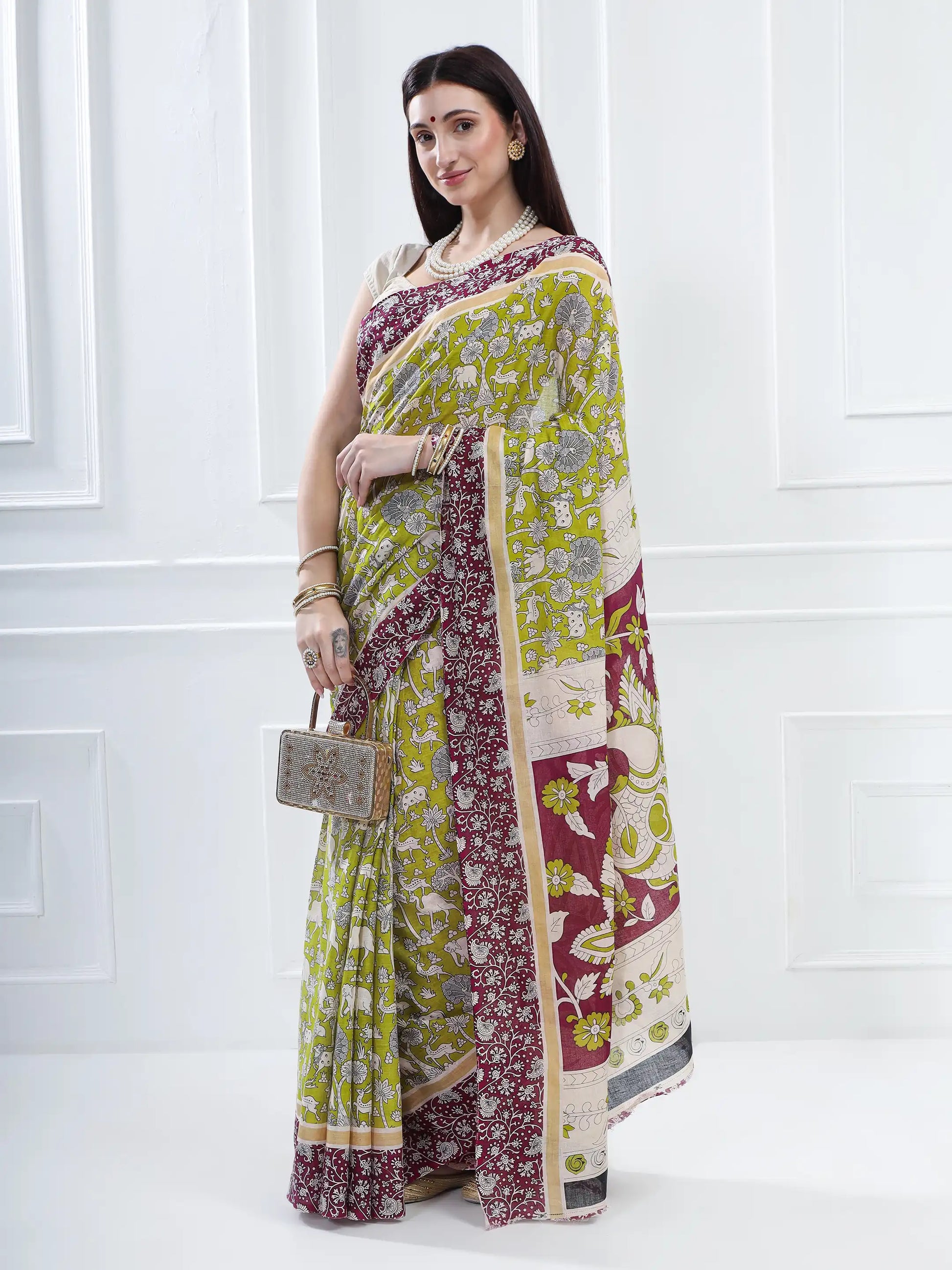Ajrakh Print Cotton Saree - Green and Magenta