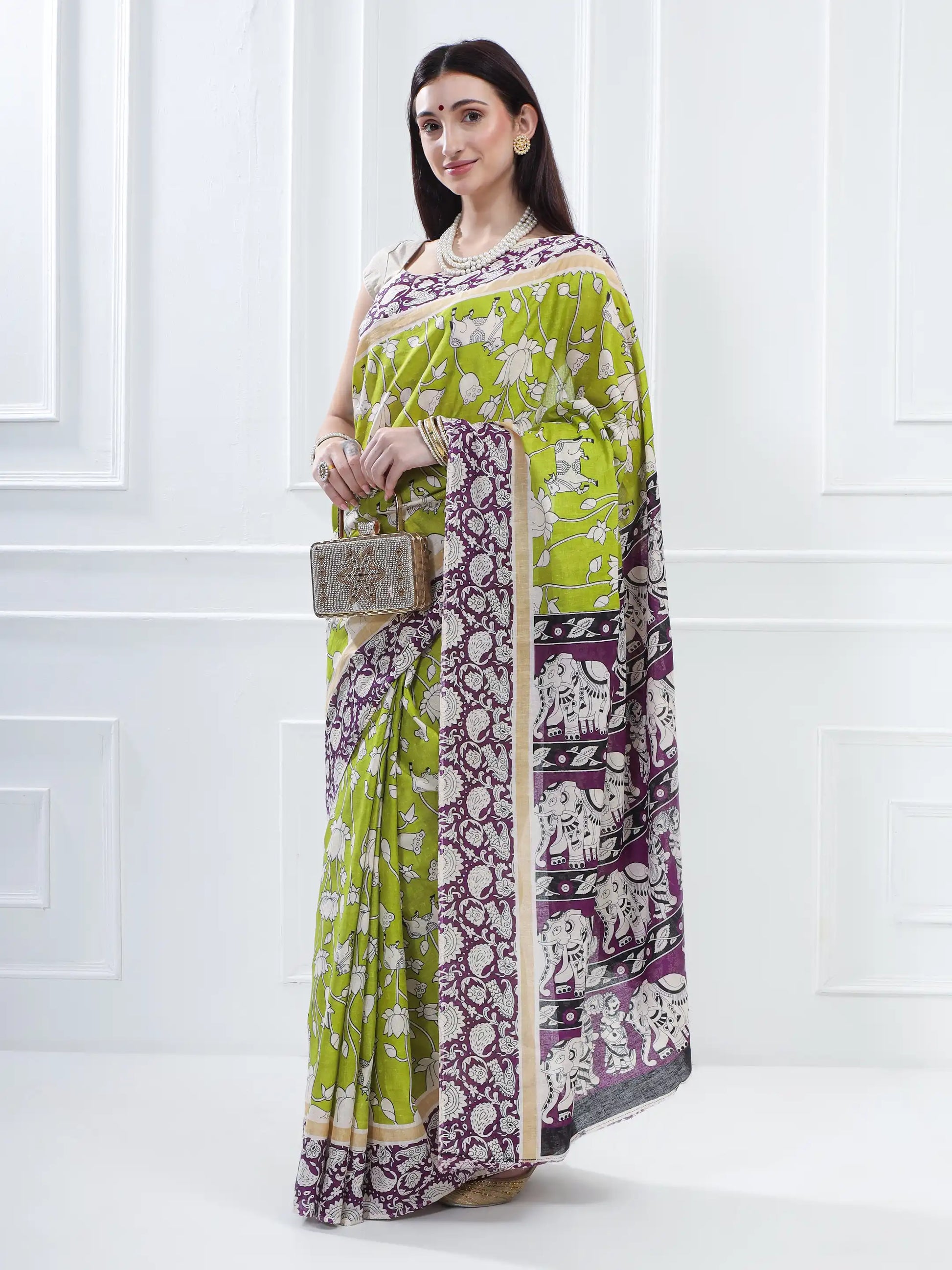 Ajrakh Print Cotton Saree - Green & Purple
