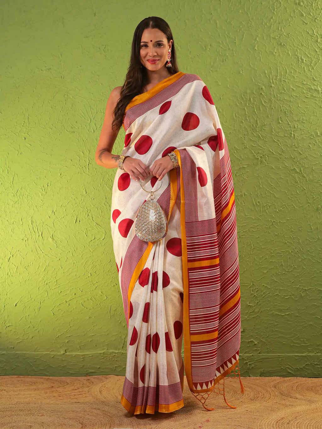 Khadi Silk Saree with Polka Motifs & Yellow Accent