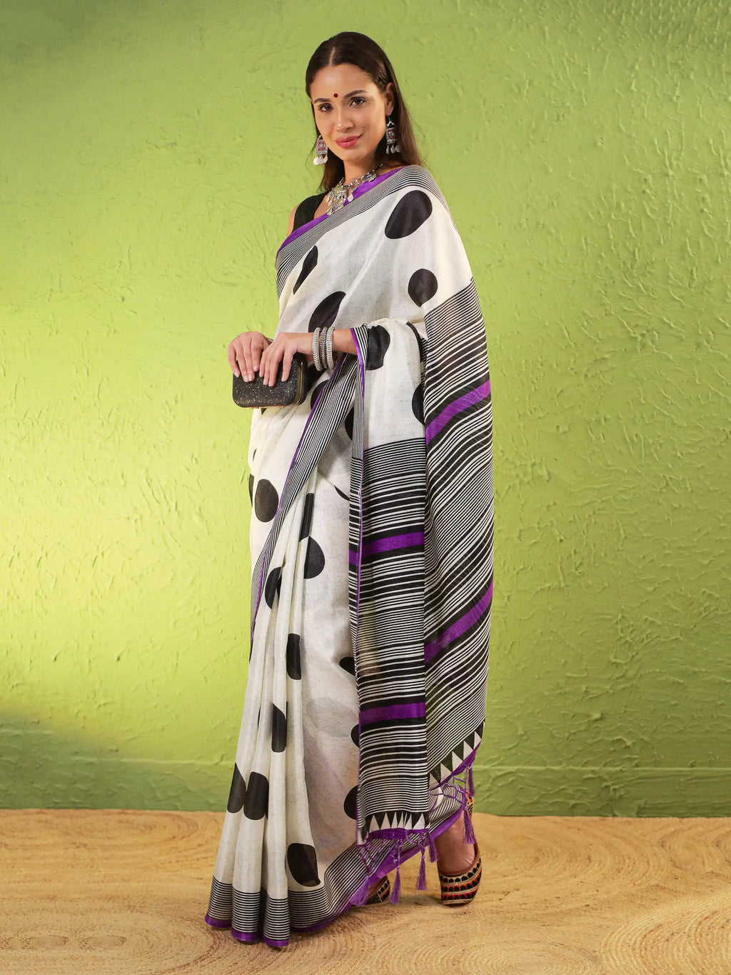 Khadi Silk Saree with Polka Motifs & Purple Accents