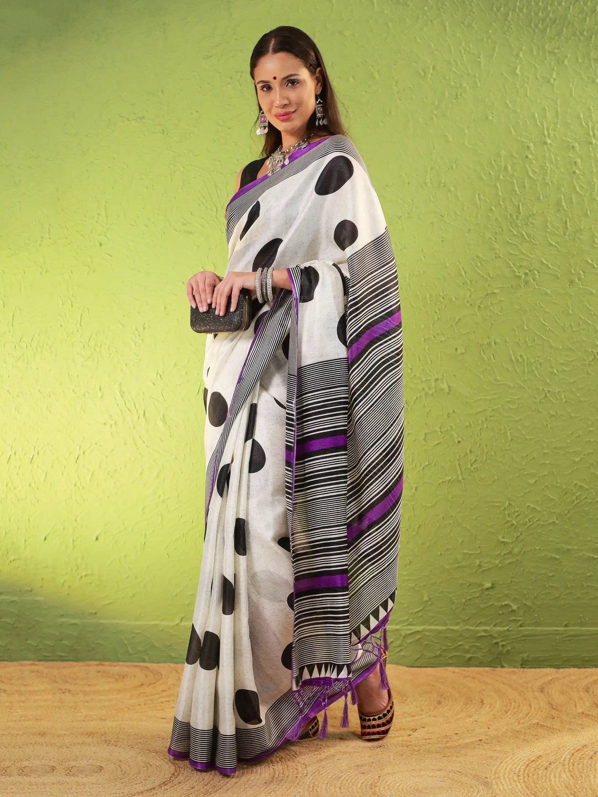 Khadi Silk Saree with Polka Motifs & Purple Accents