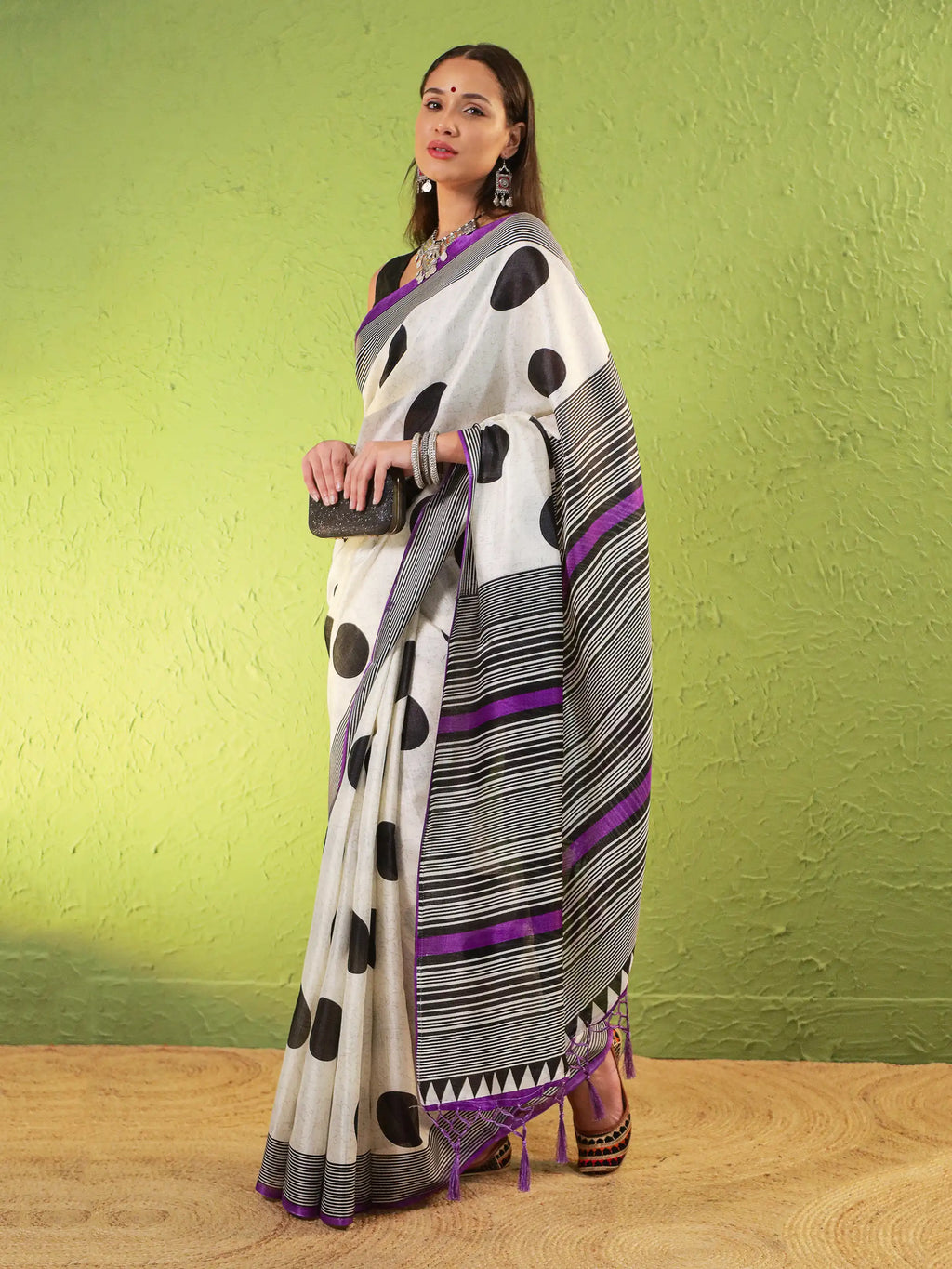 Khadi Silk Saree with Polka Motifs & Purple Accents