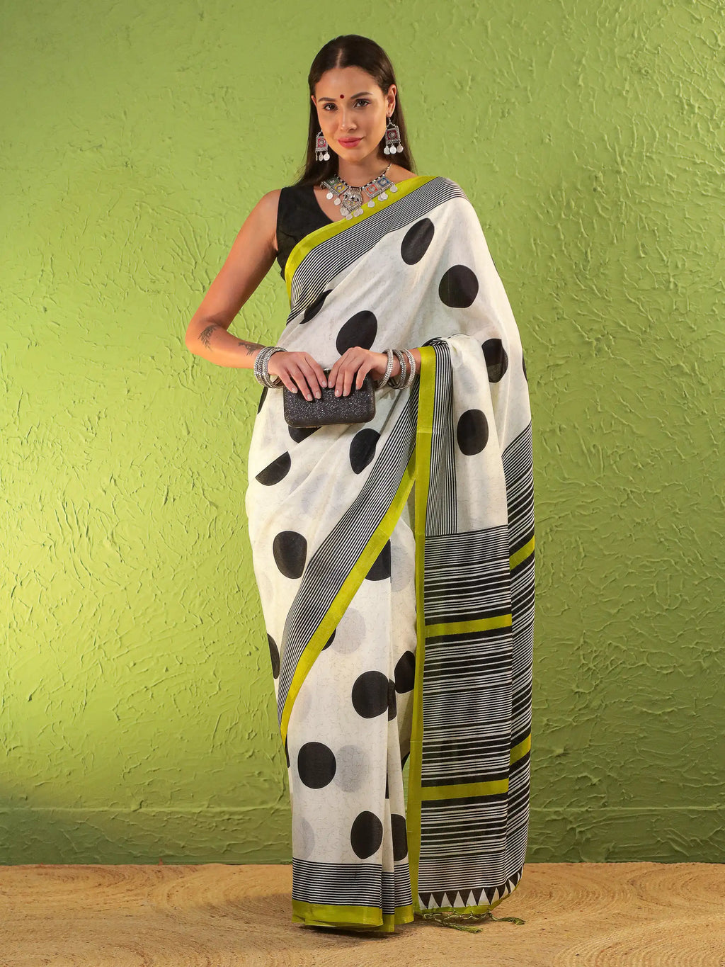 Khadi Silk Saree with Polka Motifs & Neon Accent
