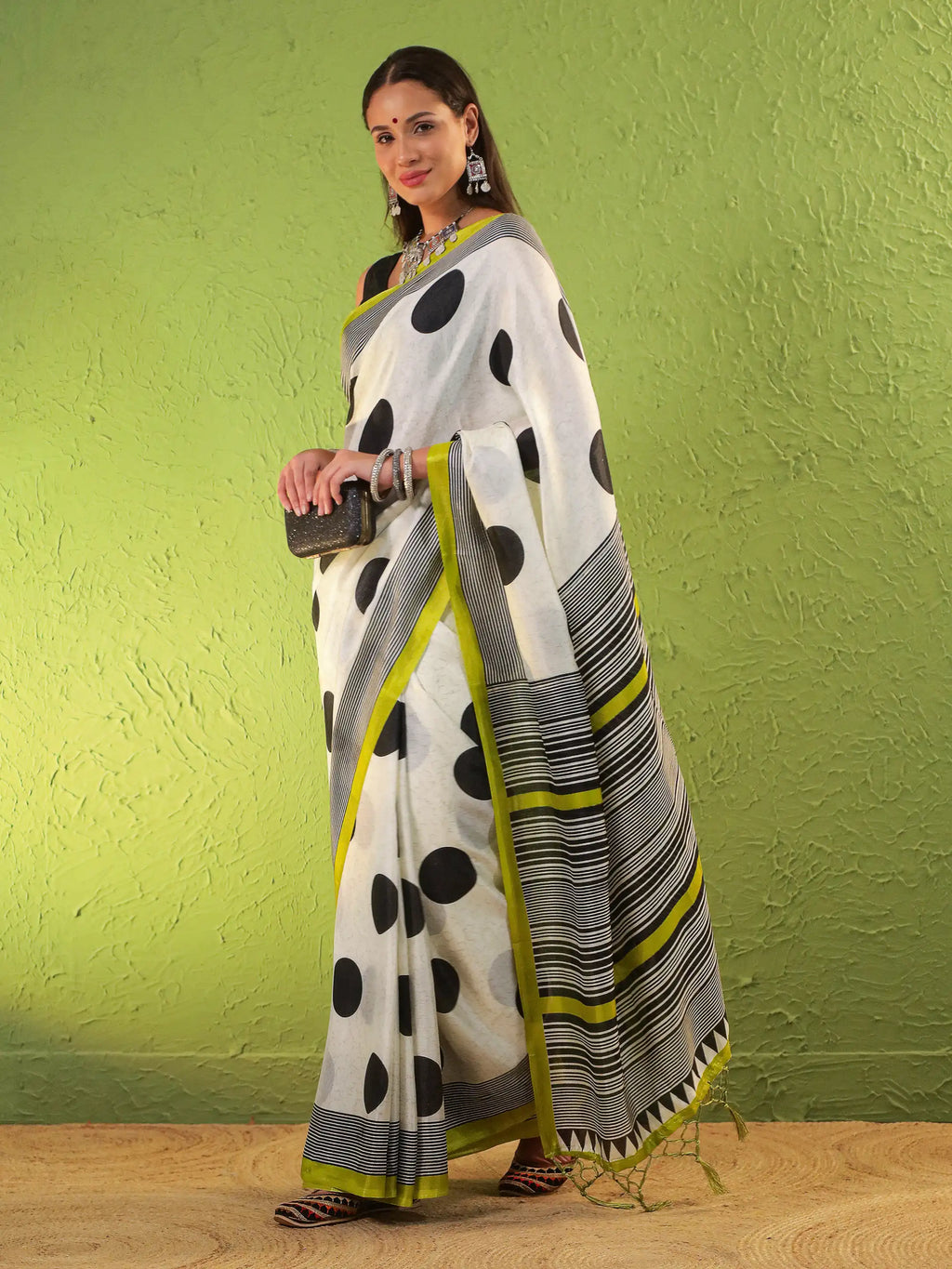 Khadi Silk Saree with Polka Motifs & Neon Accent