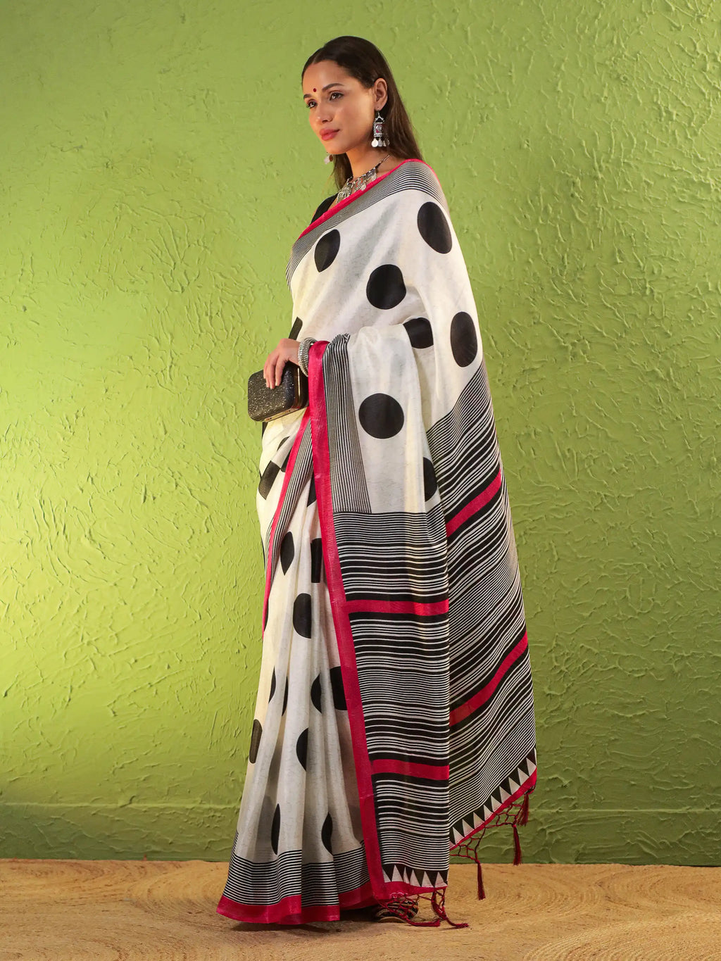 Khadi Silk Saree with Polka Motifs & Pink Accent