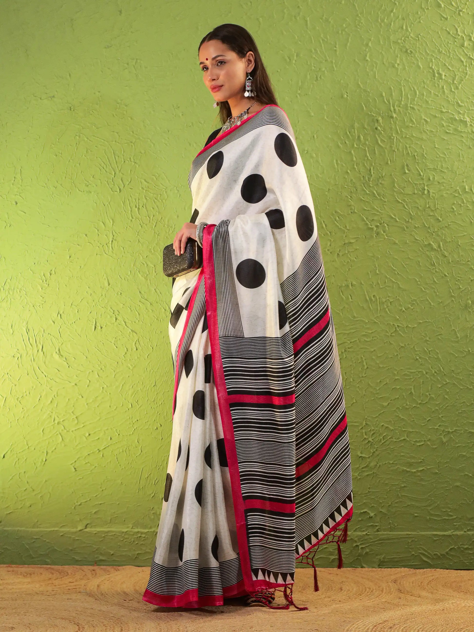 Khadi Silk Saree with Polka Motifs & Pink Accent