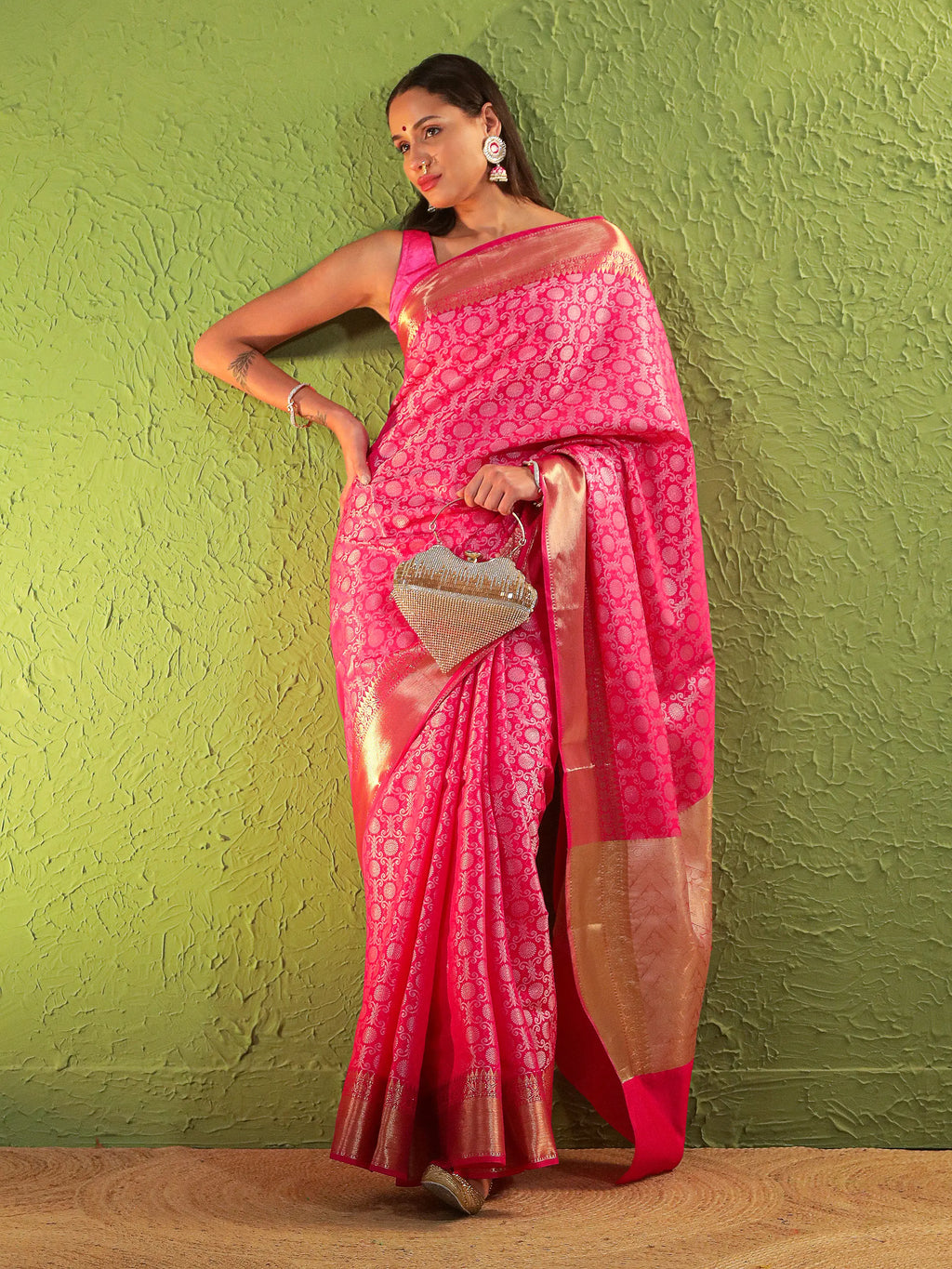 Banarasi Silk Heavy Jaal Weave Saree - Rose Pink