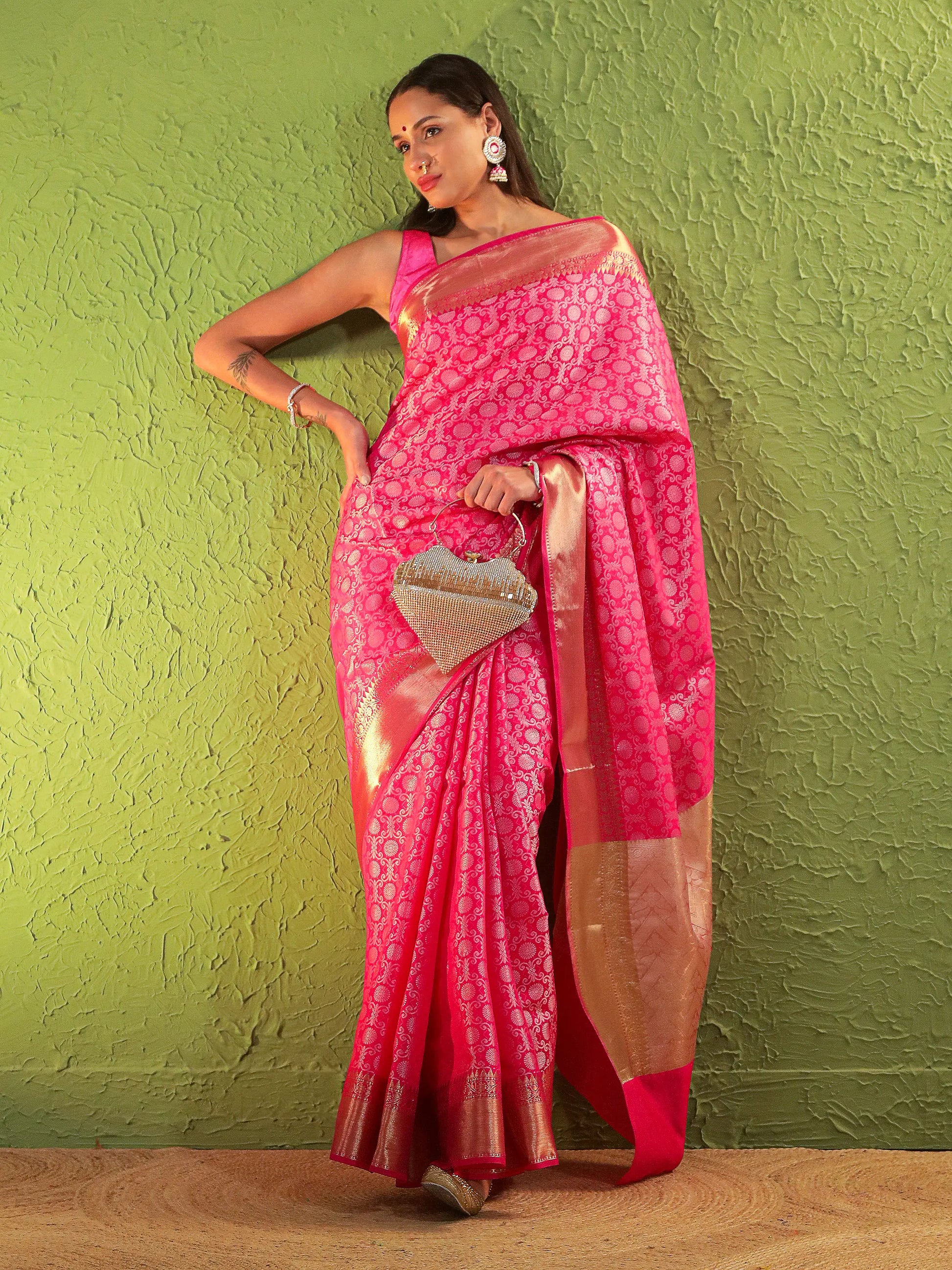 Banarasi Silk Heavy Jaal Weave Saree - Rose Pink