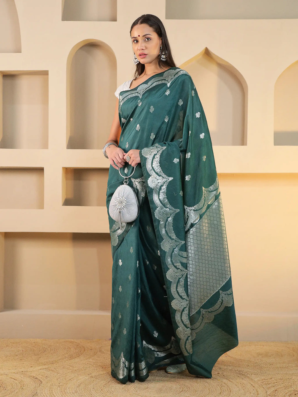 Banarasi Silk Mehrab Design Saree - Forest Green