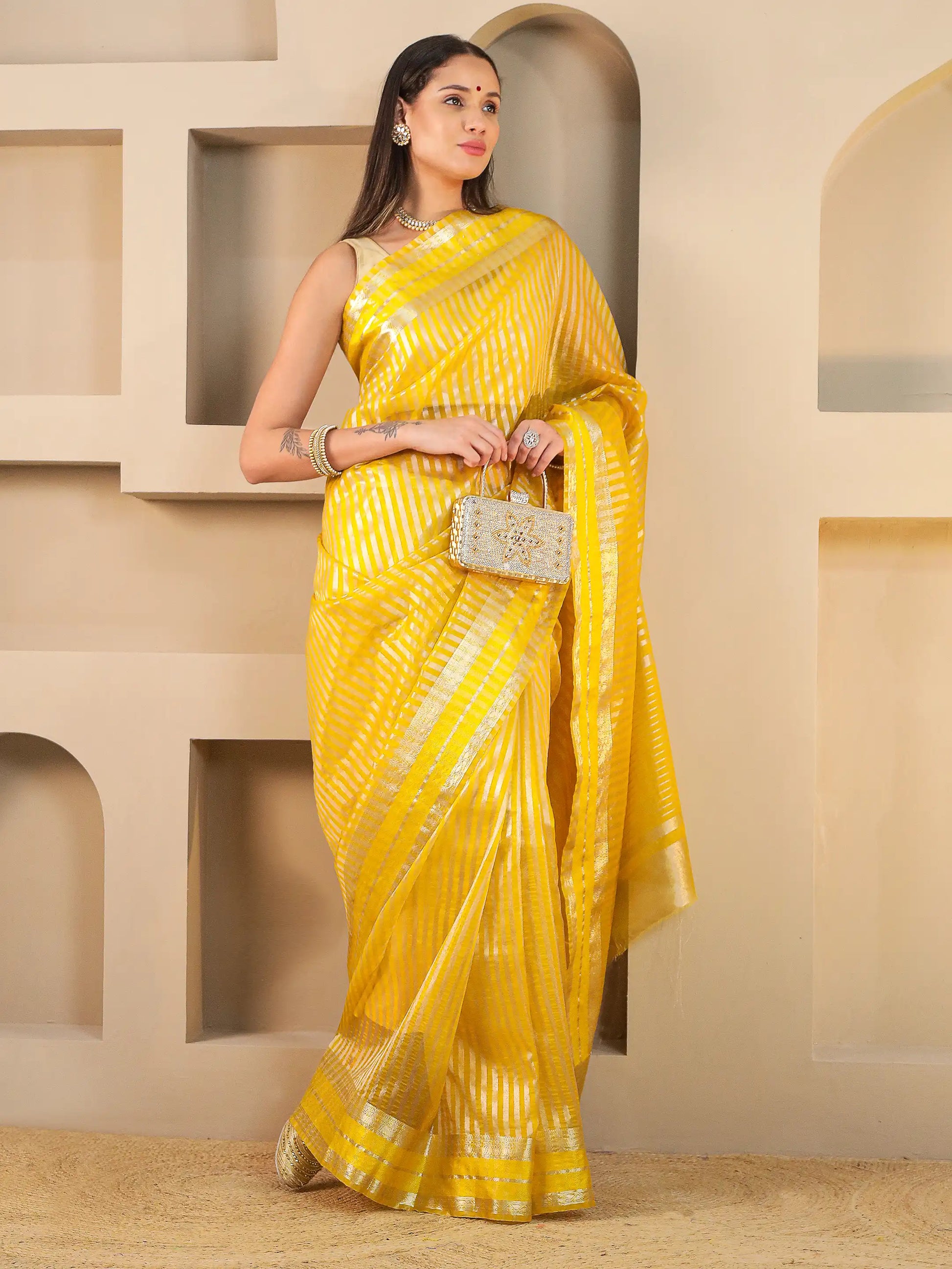 Banarasi Striped Zari Tissue Saree - Yellow