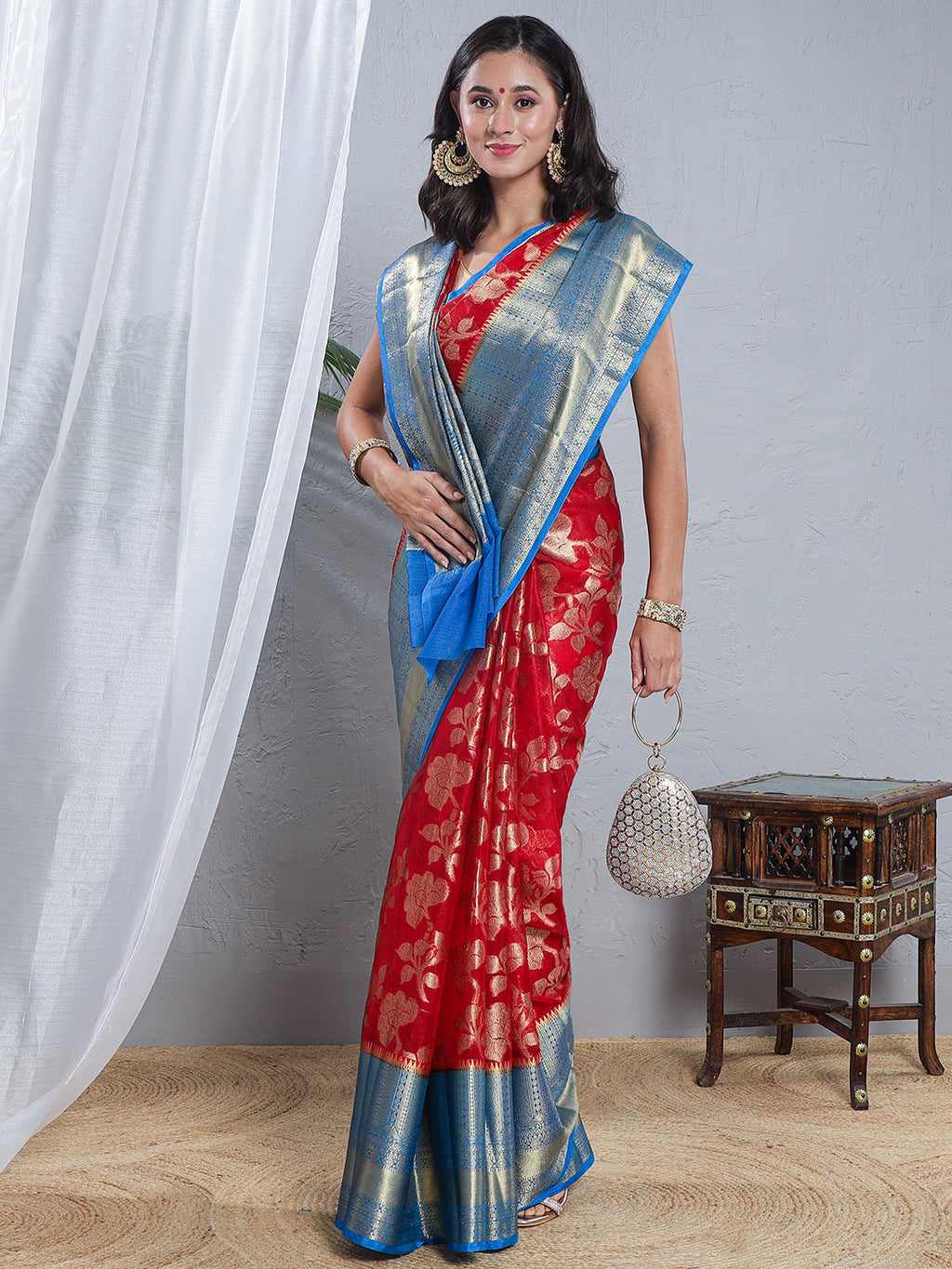Banarasi Kota Silk Woven Skirt Body Saree - Red & Blue