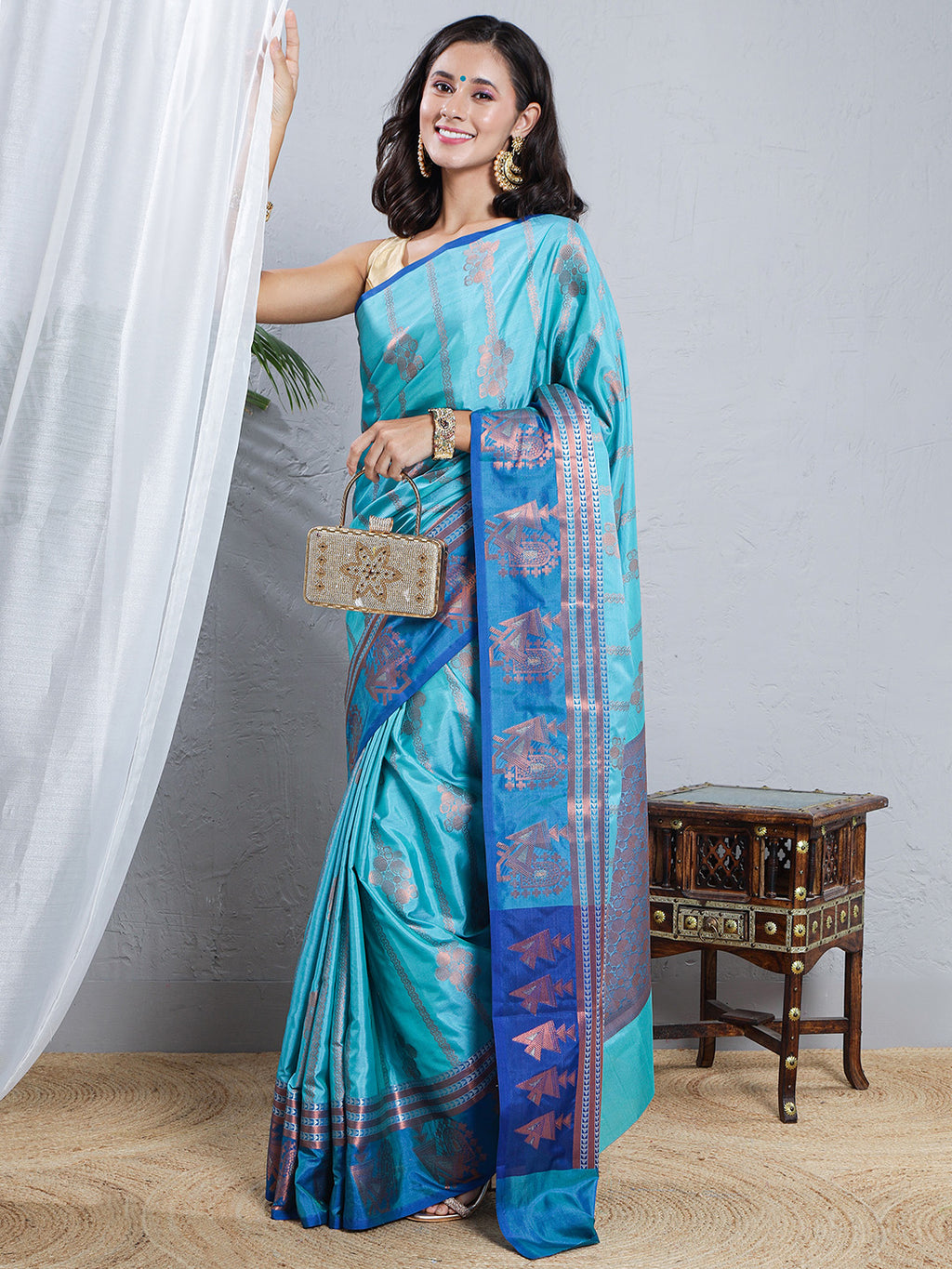 Banarasi Silk Woven Saree - Aqua Blue & Royal Blue