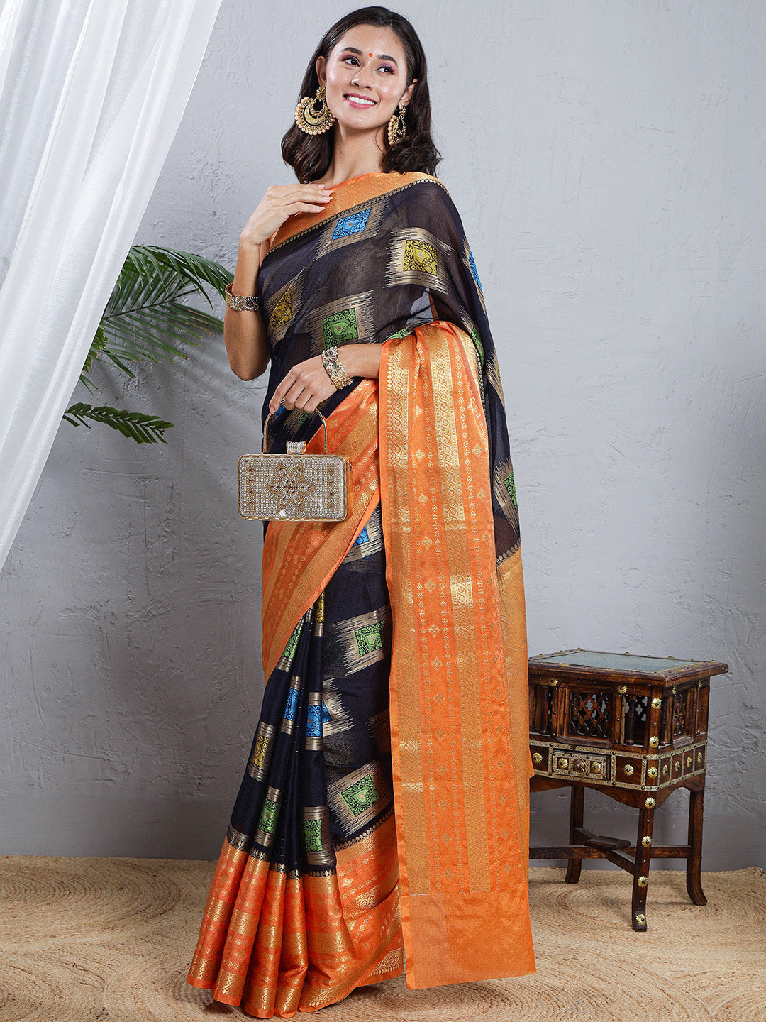 Banarasi Kota Silk Woven Skirt Body Saree - Navy Blue & Orange