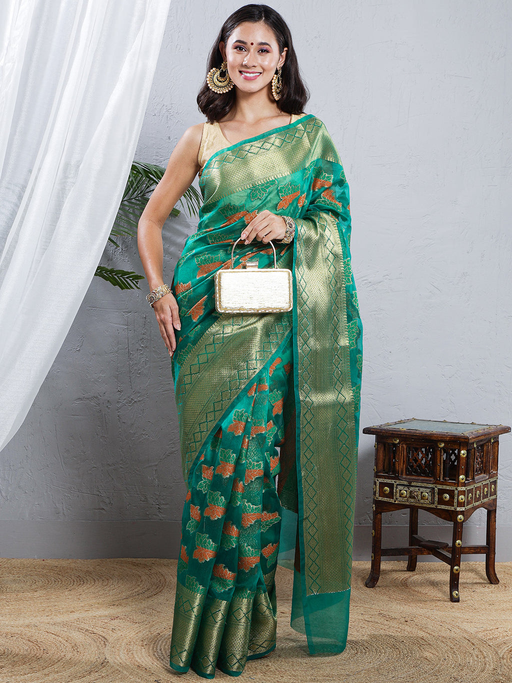 Banarasi Organza Saree with Golden Zari Border - Green