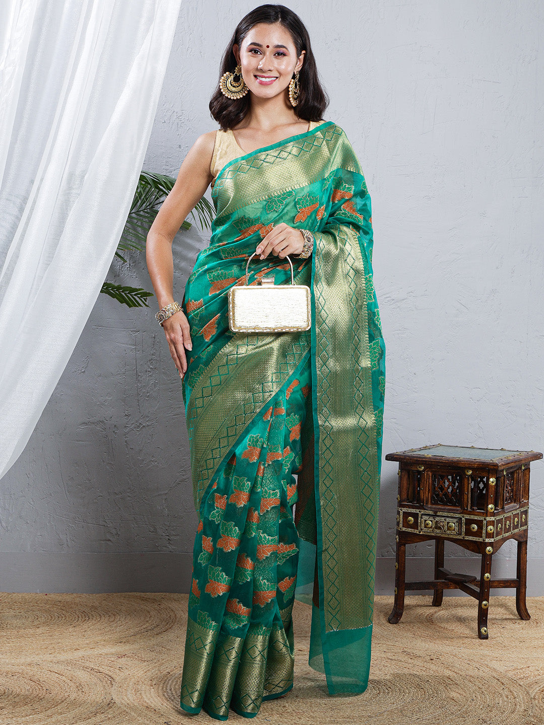 Banarasi Organza Saree with Golden Zari Border - Green