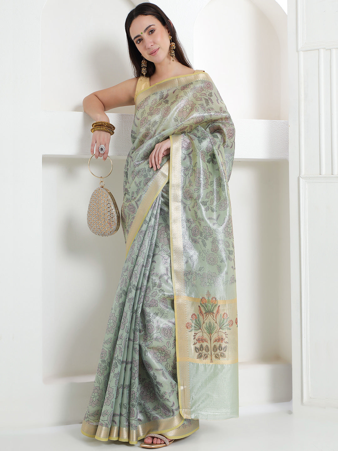 Banarasi Woven Tissue Saree - Pastel Sage Green & Gold