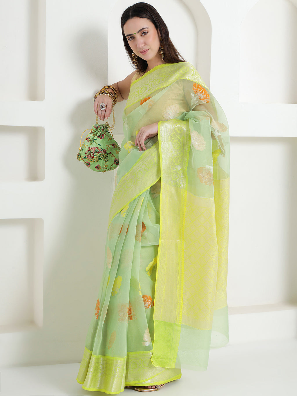 Banarasi Woven Organza Saree - Lemon Yellow & Mint